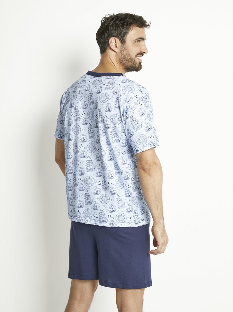 Pijama corto de punto de algodón con cuello de pico - Afibel Azul marino - Kiabi