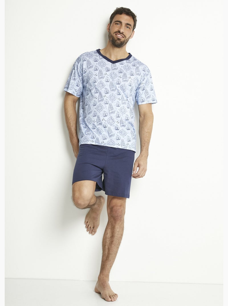 Pijama corto de punto de algodón con cuello de pico - Afibel Azul marino - Kiabi
