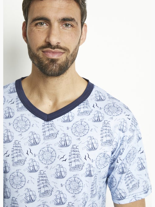 Pijama corto de punto de algodón con cuello de pico - Afibel - Kiabi