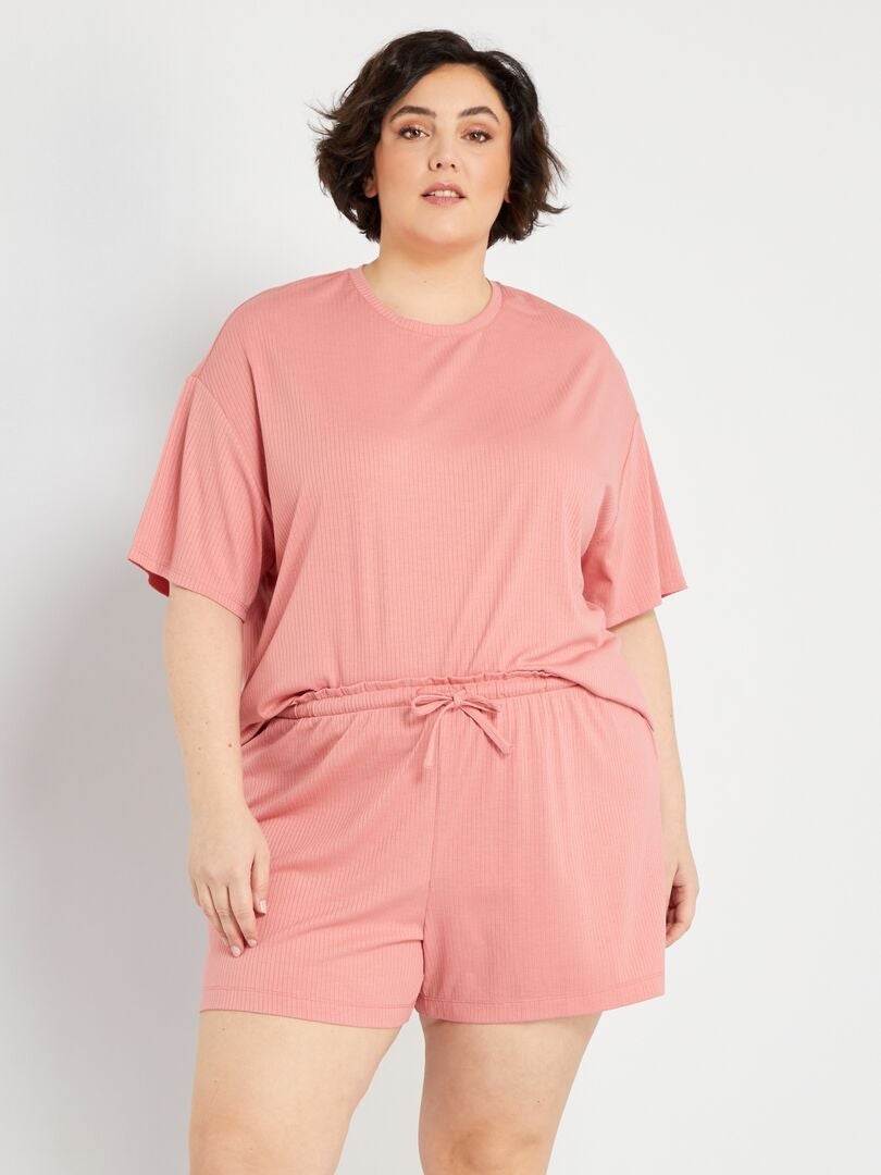 Pijama corto de punto de canalé  - 2 piezas rosa - Kiabi
