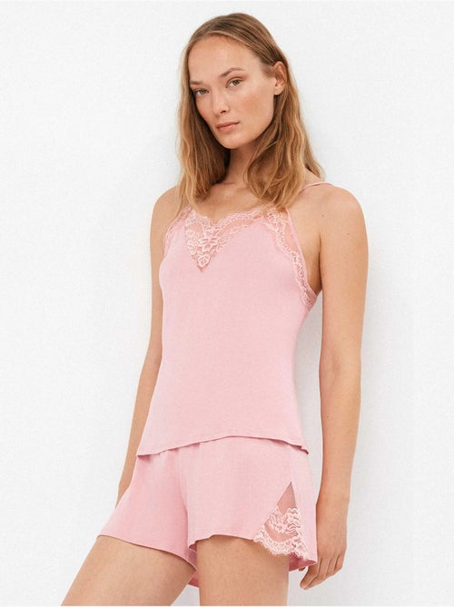 Pijama corto lencero con encaje en algodón y modal - Kiabi Pijama corto lencero con encaje en algodón y modal - Kiabi