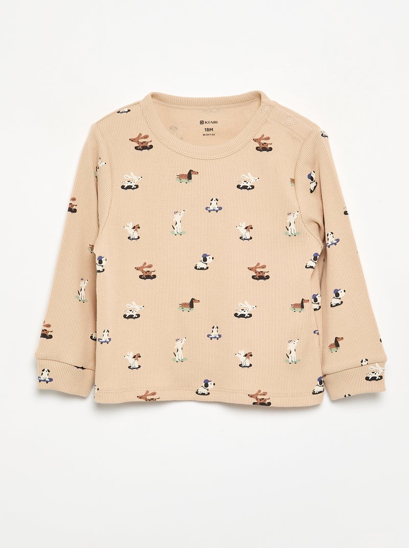 Pijama de 2 piezas de canalé estampado Beige - Kiabi