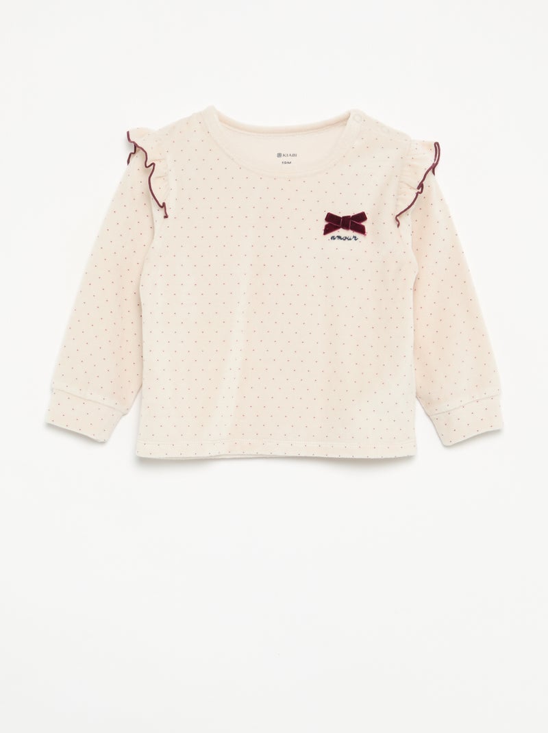 Pijama de 2 piezas de terciopelo - Sudadera con volantes en las sisas + pantalón Beige - Kiabi
