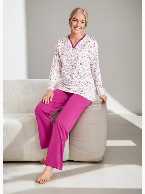 Pijama de algodón de manga larga con cuello en V estampado - Afibel - Kiabi
