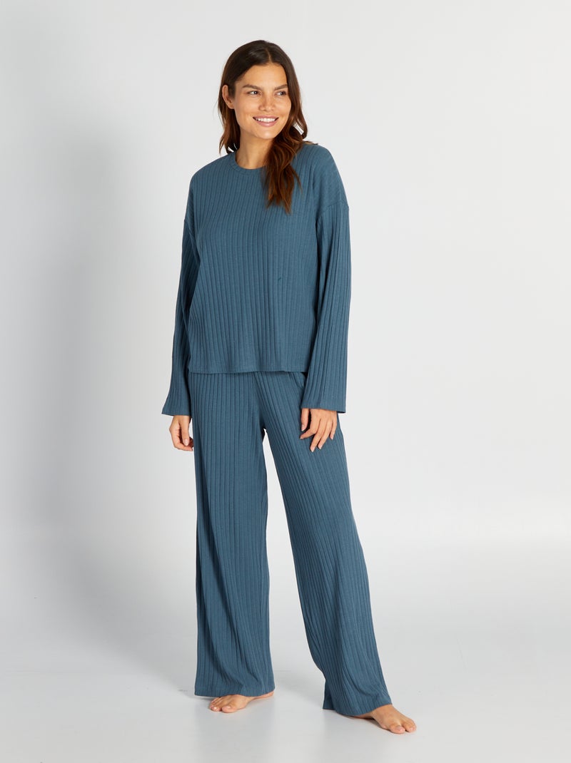Pijama de canalé con camiseta + pantalón - 2 piezas AZUL - Kiabi