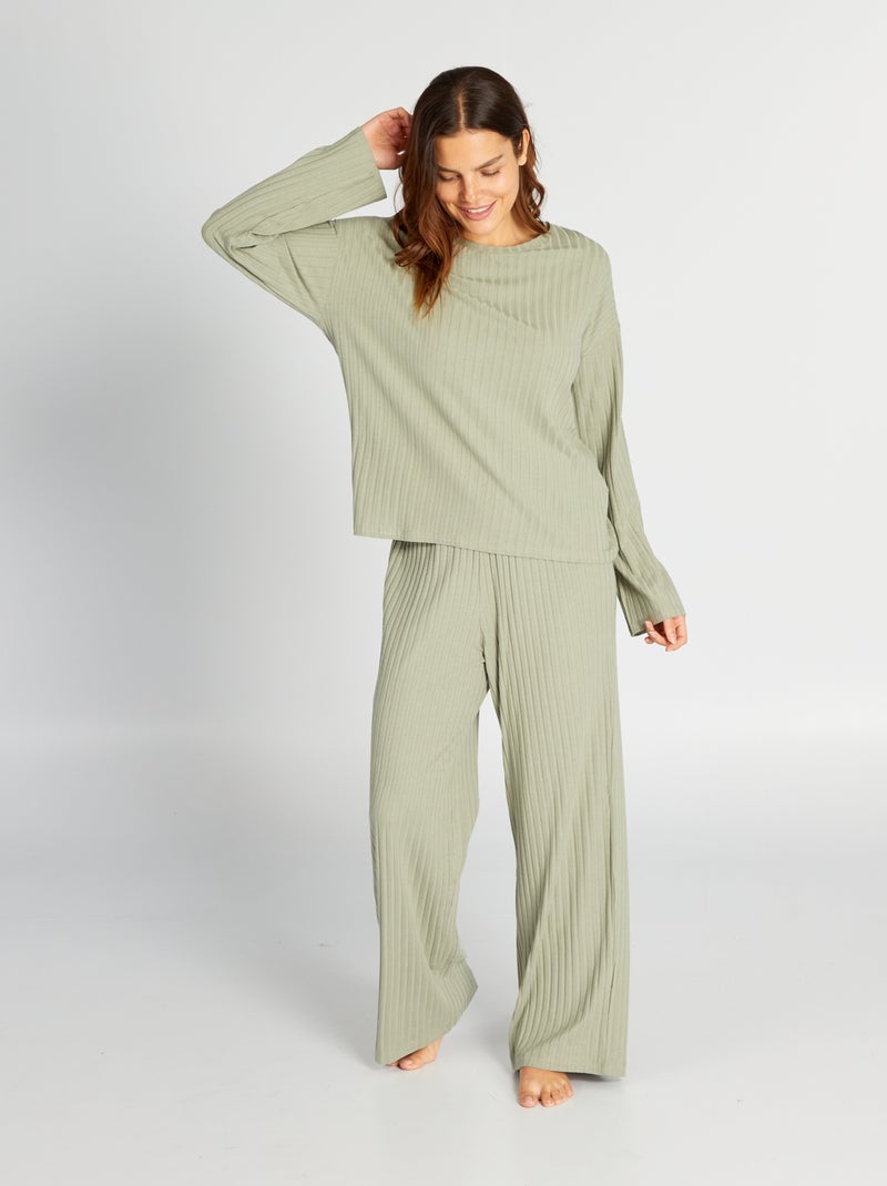 Pijama de canalé con camiseta + pantalón - 2 piezas VERDE - Kiabi