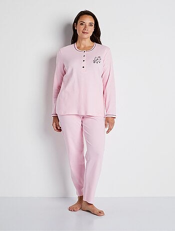 Pijama de dos piezas de algodón con bordado en el pecho. - Afibel