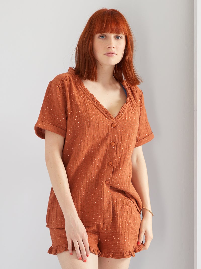 Pijama de gasa de algodón de plumeti dorado MARRON - Kiabi