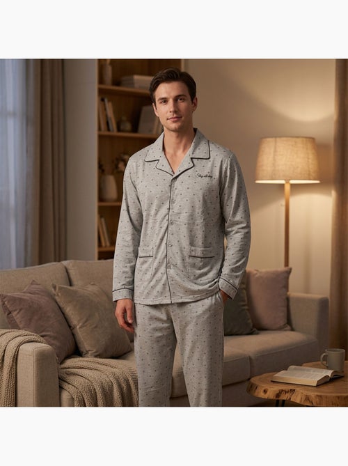 Pijama de hombre OZABI, largo, con botones y cuello de camisa, ultrasuave - Kiabi