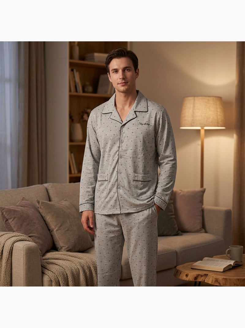 Pijama de hombre OZABI, largo, con botones y cuello de camisa, ultrasuave Azul marino - Kiabi