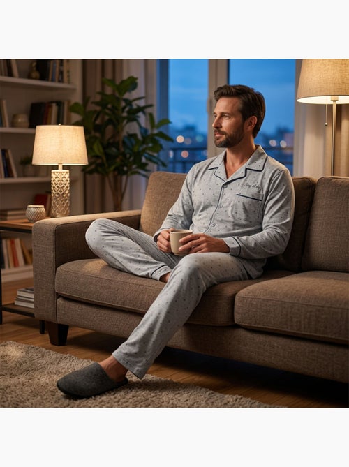 Pijama de hombre OZABI, largo, con botones y cuello de camisa, ultrasuave - Kiabi