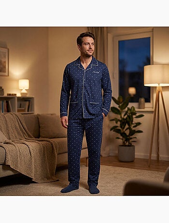 Pijama de hombre OZABI, largo, con botones y cuello de camisa, ultrasuave