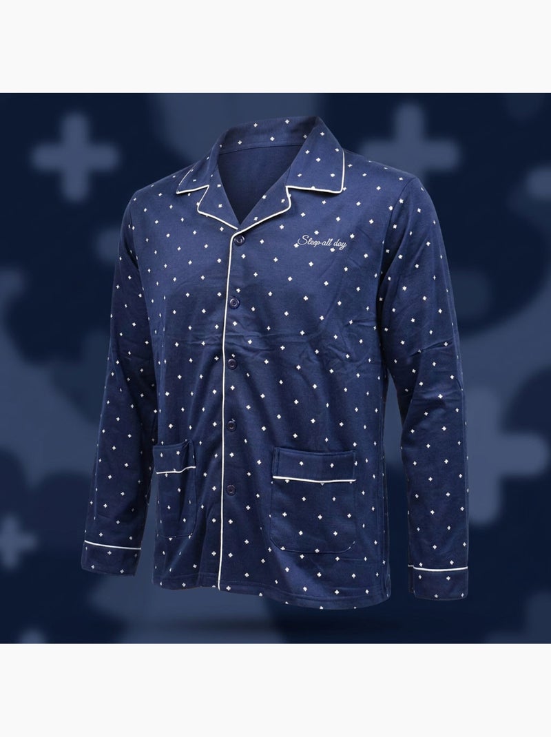 Pijama de hombre OZABI, largo, con botones y cuello de camisa, ultrasuave Azul - Kiabi