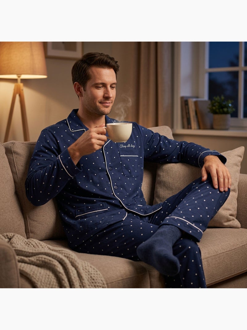 Pijama de hombre OZABI, largo, con botones y cuello de camisa, ultrasuave Azul - Kiabi