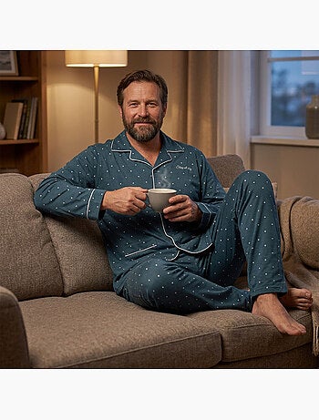 Pijama de hombre OZABI, largo, con botones y cuello de camisa, ultrasuave