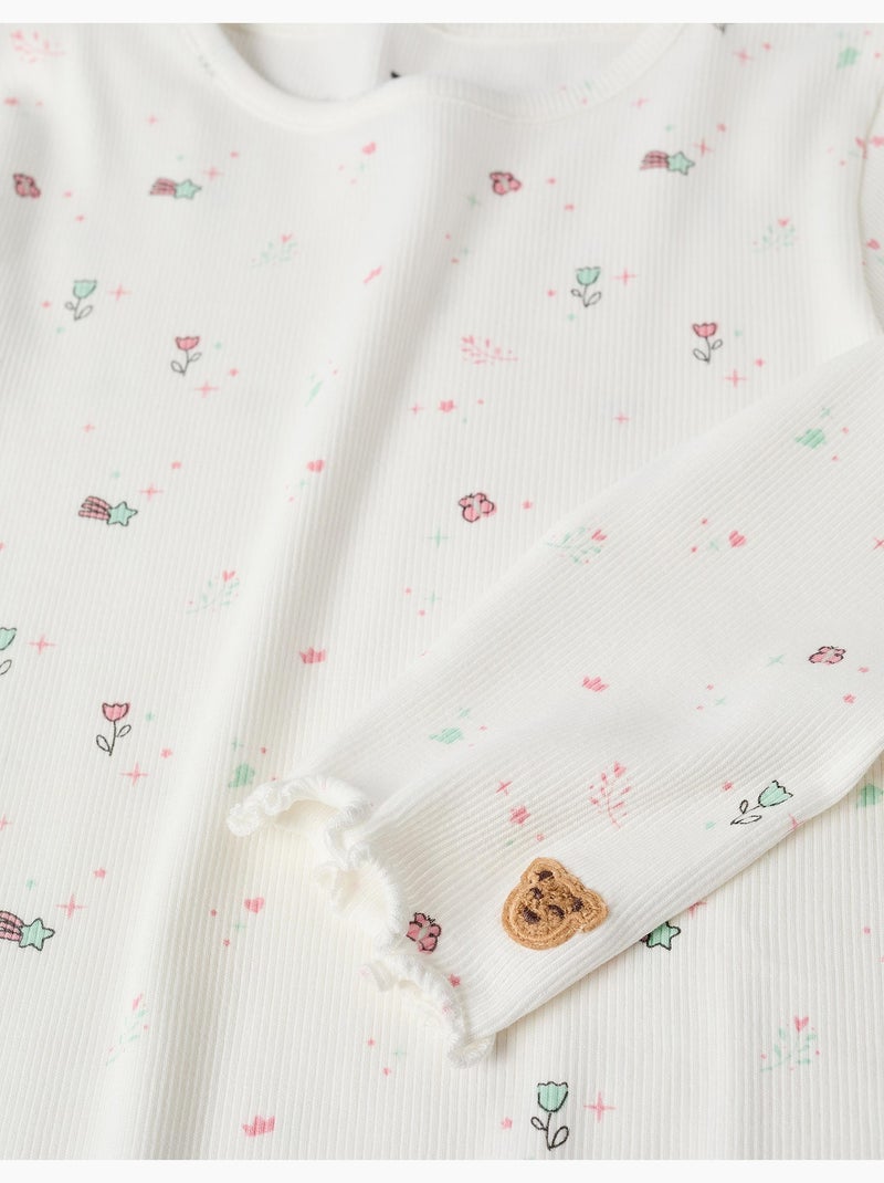 Pijama de manga larga acanalado con flores y estrellas Blanco - Kiabi