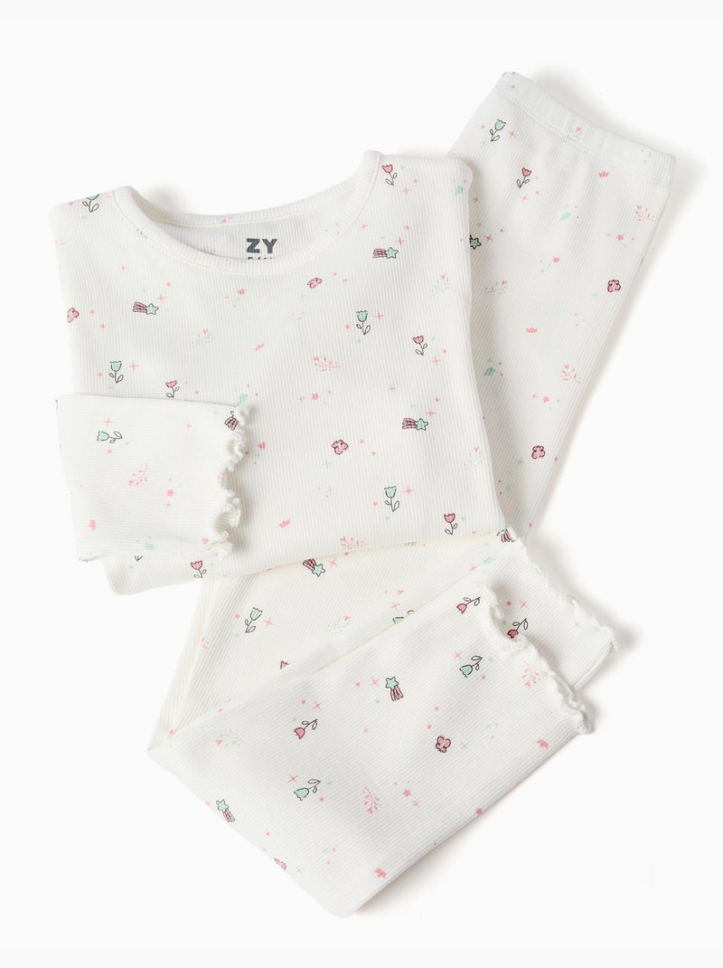 Pijama de manga larga acanalado con flores y estrellas Blanco - Kiabi