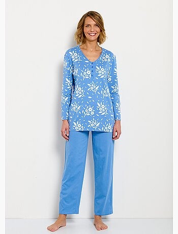 Pijama de manga larga de algodón con botones y cuello en V - Afibel