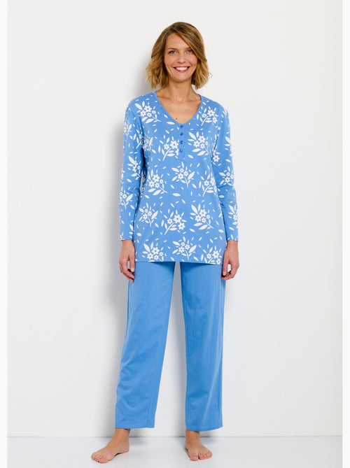 Pijama de manga larga de algodón con botones y cuello en V - Afibel - Kiabi