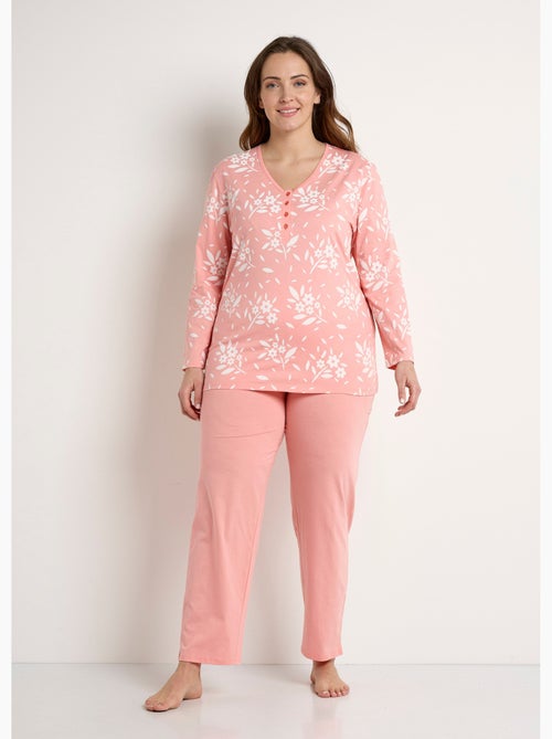 Pijama de manga larga de algodón con botones y cuello en V - Afibel - Kiabi