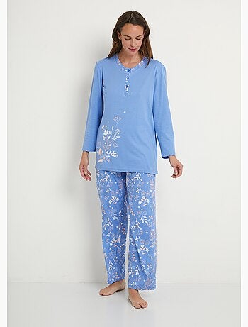 Pijama de manga larga de algodón floral liso - Afibel