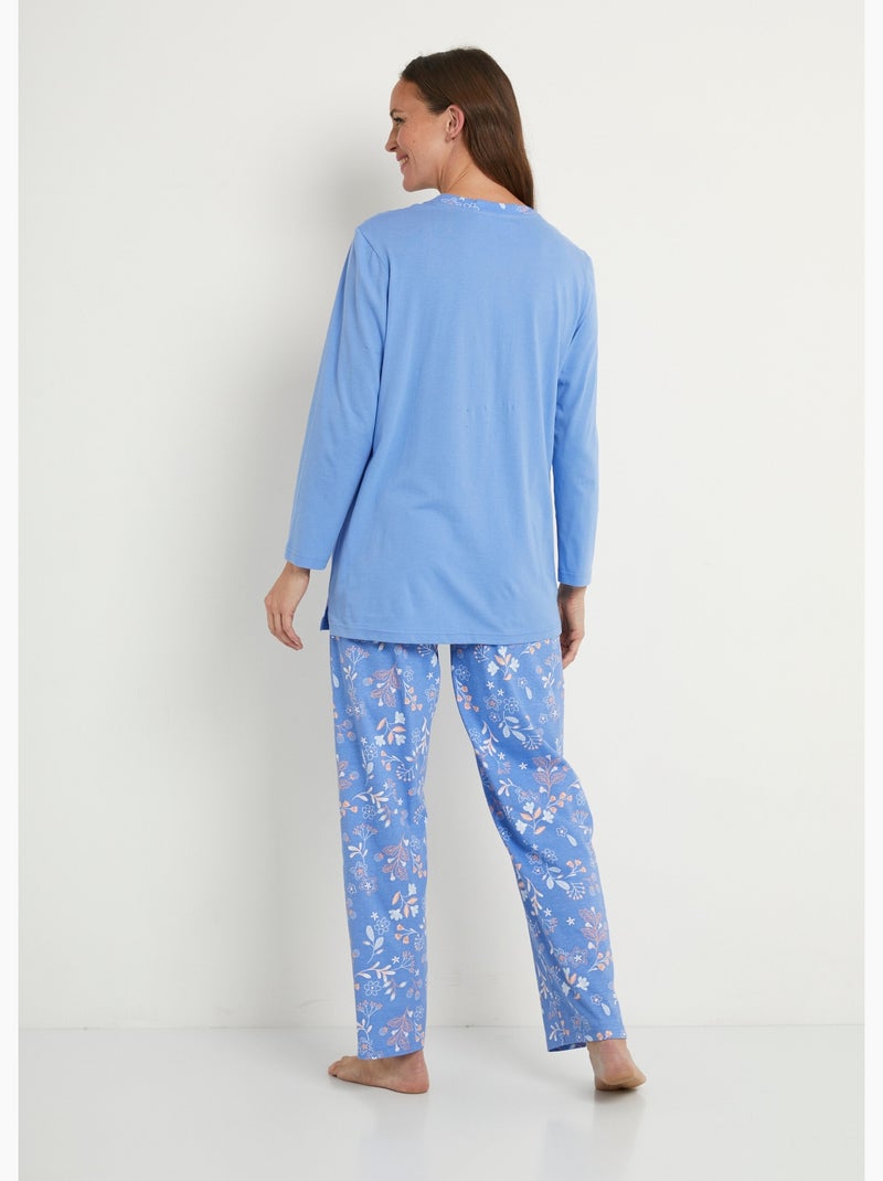 Pijama de manga larga de algodón floral liso - Afibel Azul Rosa - Kiabi