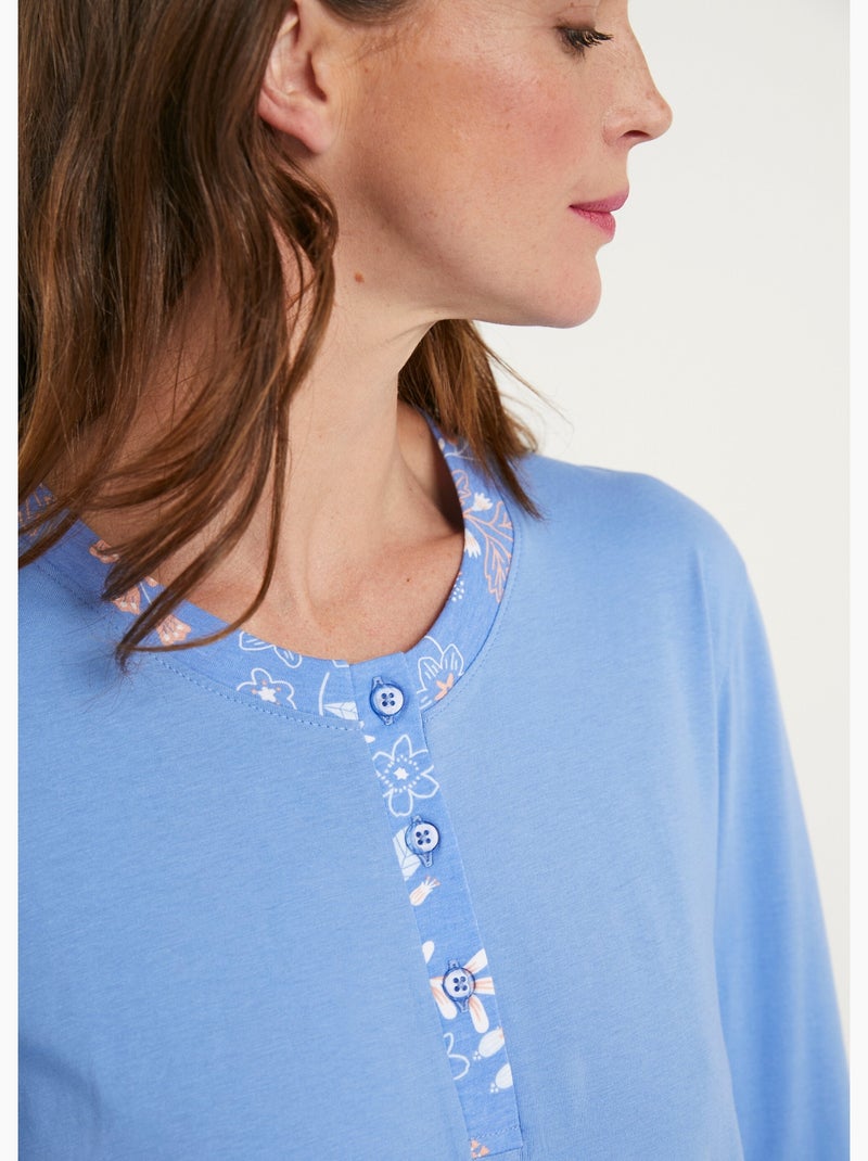 Pijama de manga larga de algodón floral liso - Afibel Azul Rosa - Kiabi