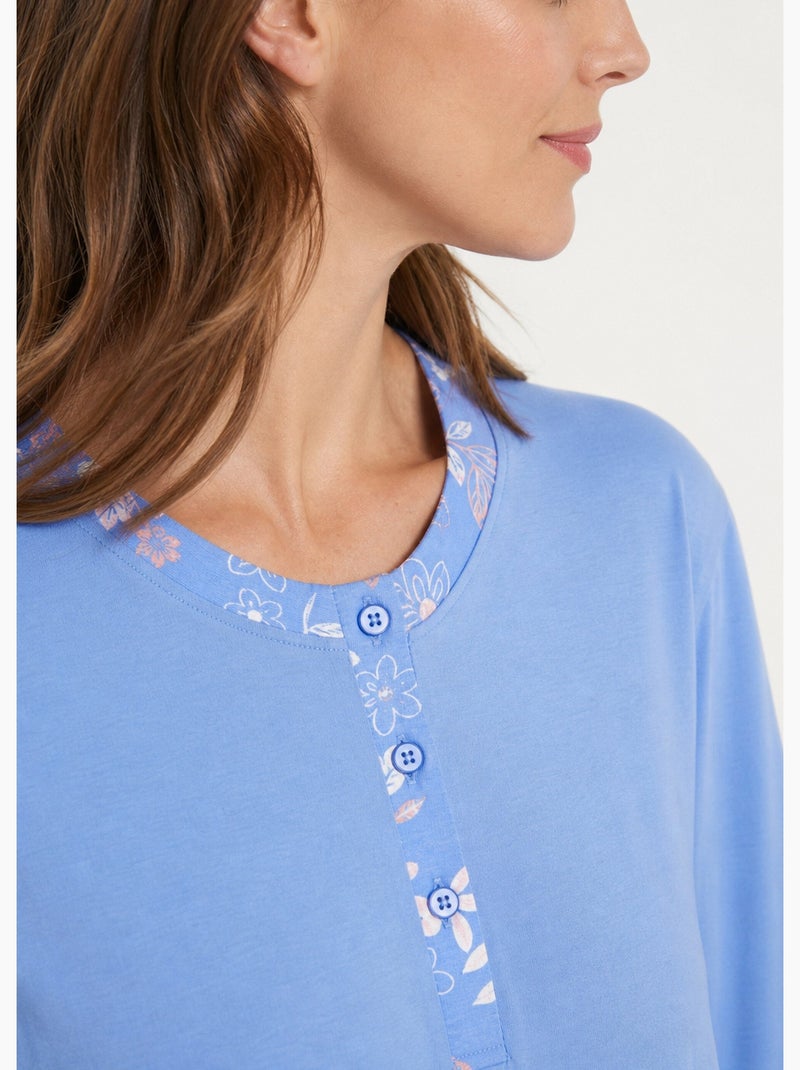 Pijama de manga larga de algodón floral liso - afibel Azul Rosa - Kiabi