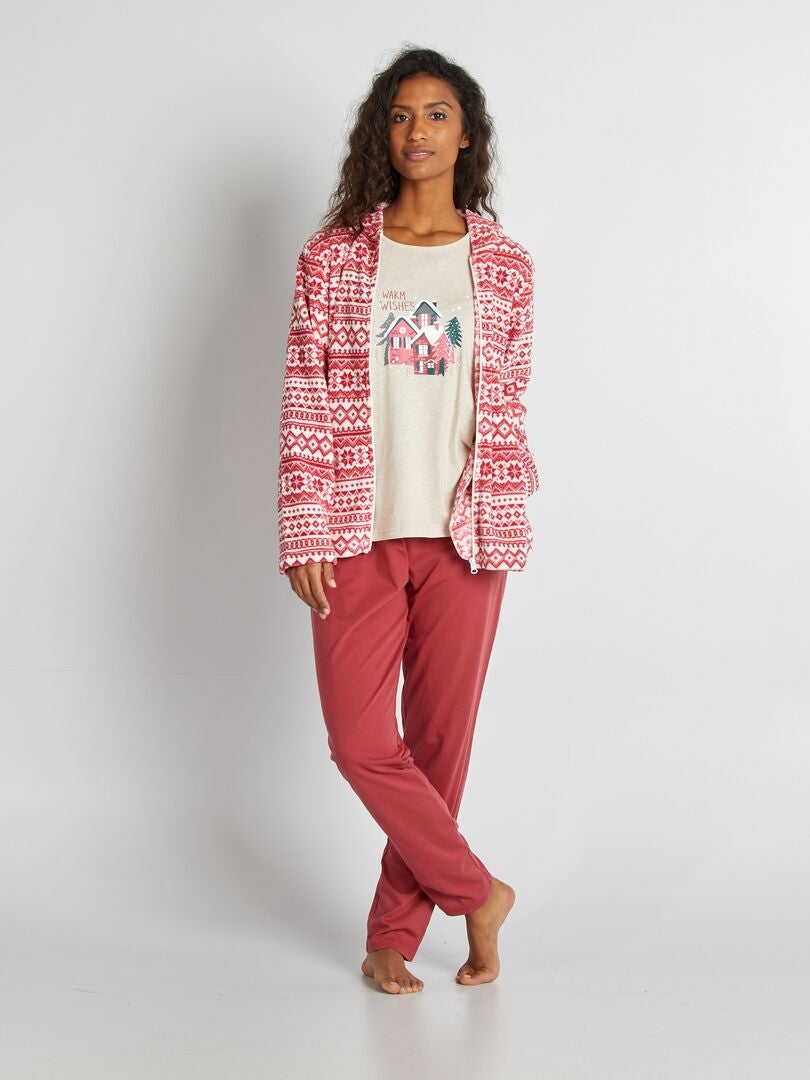 Pijama de Navidad - chaqueta polar + camiseta + pantalón ROJO - Kiabi