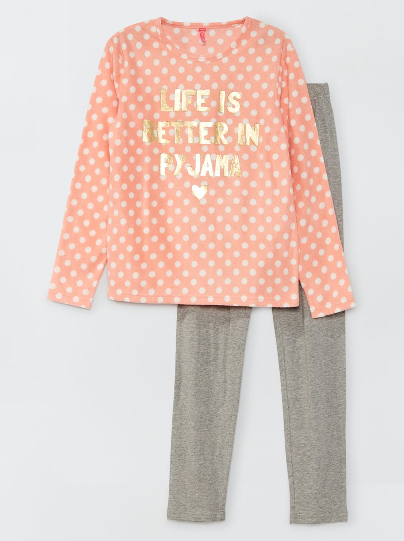 Pijama de tejido micropolar y punto - 2 piezas rosa/gris - Kiabi