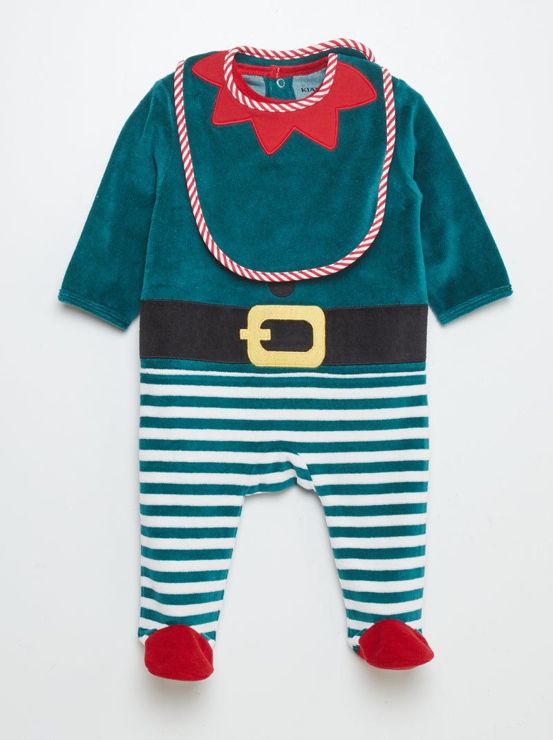 Pijama de terciopelo + babero de Navidad VERDE - Kiabi