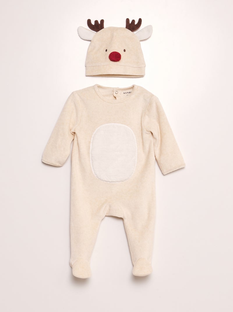 Pijama de terciopelo 'Navidad' + gorro BEIGE - Kiabi