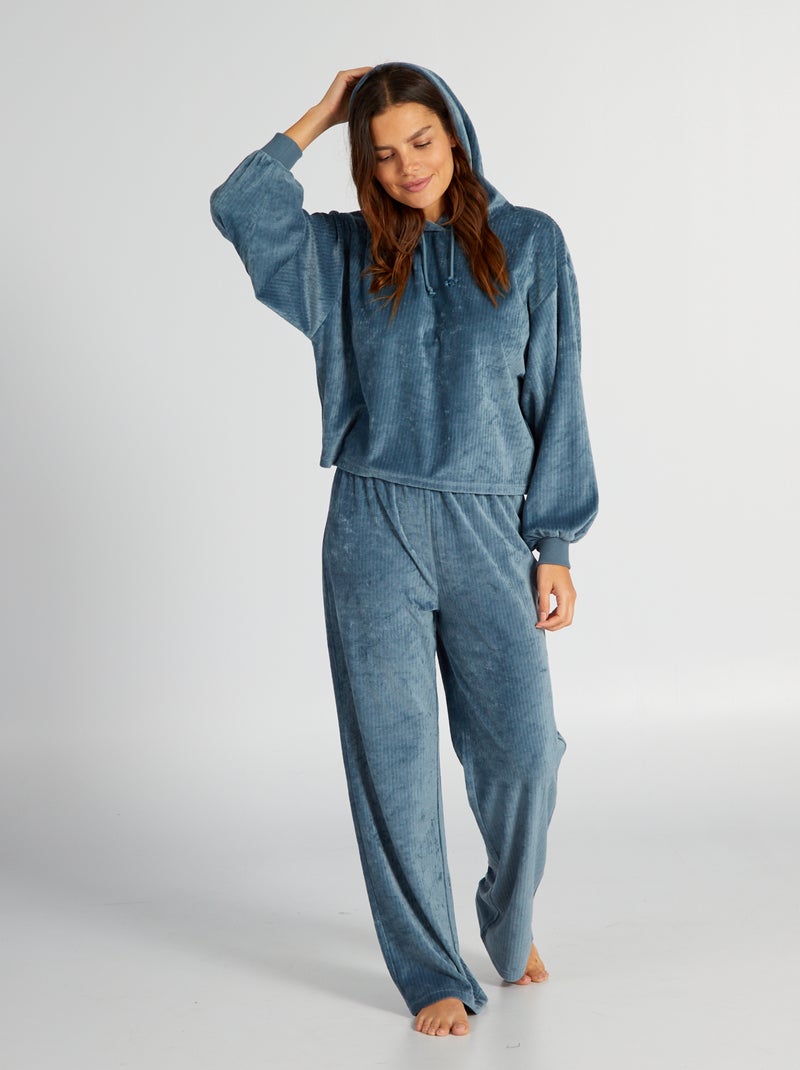 Pijama de terciopelo y canalé  - 2 piezas azul gris - Kiabi