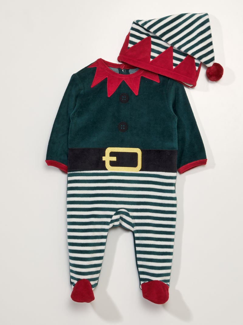 Pijama duende de Navidad + gorro de terciopelo VERDE - Kiabi