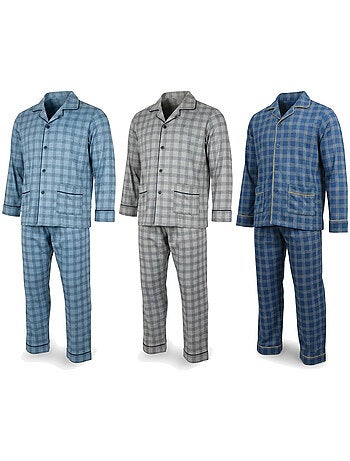 Pijama hombre abotonado pack de 3, algodón forro polar, manga larga