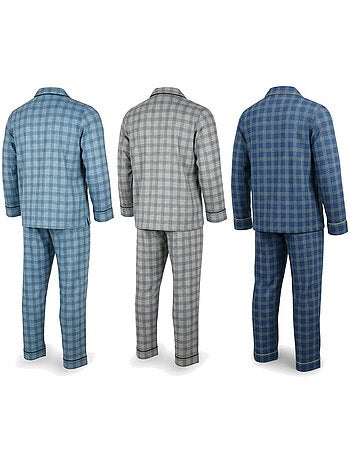 Pijama hombre abotonado pack de 3, algodón forro polar, manga larga