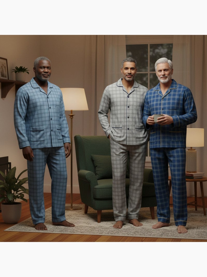 Pijama hombre abotonado pack de 3, algodón forro polar, manga larga Gris azul - Kiabi