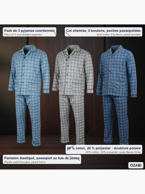 Pijama hombre abotonado pack de 3, algodón forro polar, manga larga - Kiabi