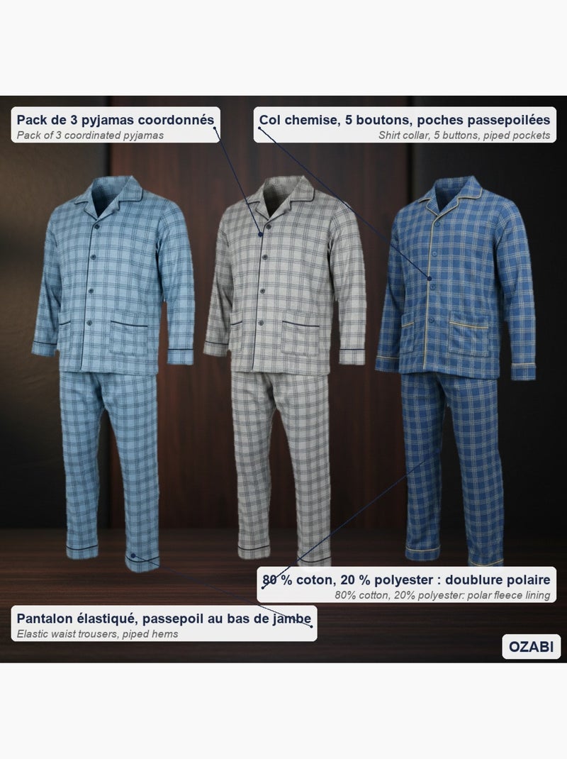 Pijama hombre abotonado pack de 3, algodón forro polar, manga larga Gris azul - Kiabi