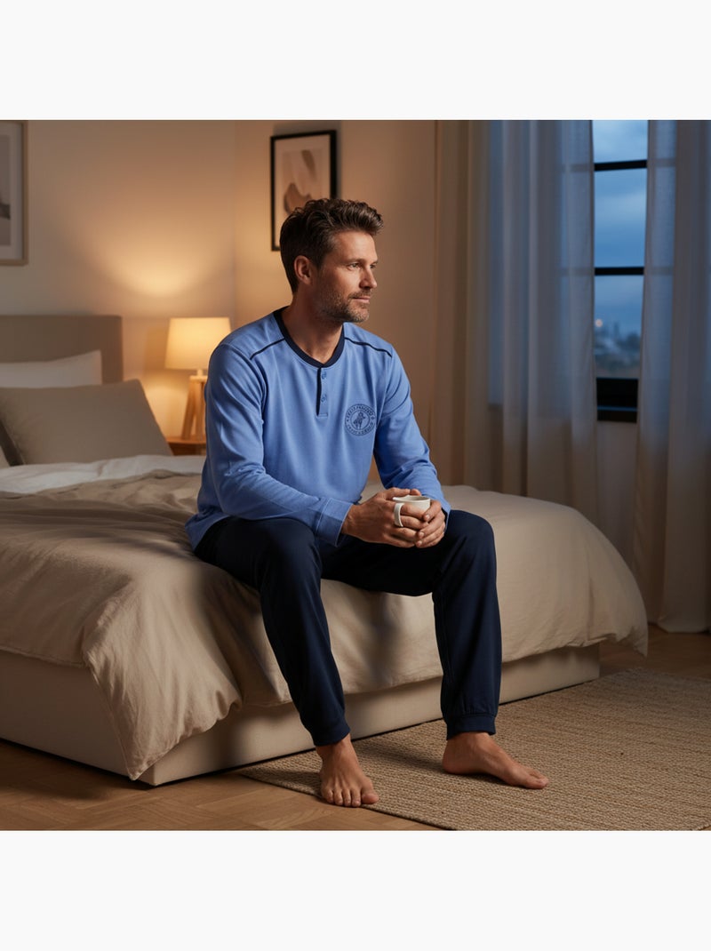 Pijama hombre forrado polar escudo bordado ozabi Celeste - Kiabi