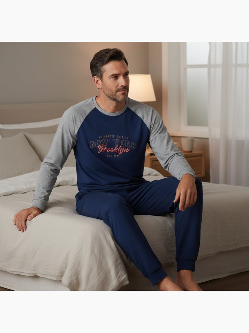 Pijama hombre forro polar raglan bordado ozabi Azul marino - Kiabi
