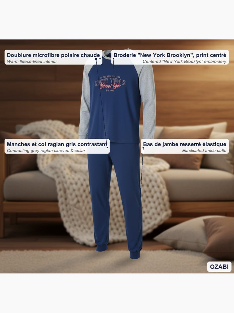 Pijama hombre forro polar raglan bordado ozabi Azul marino - Kiabi
