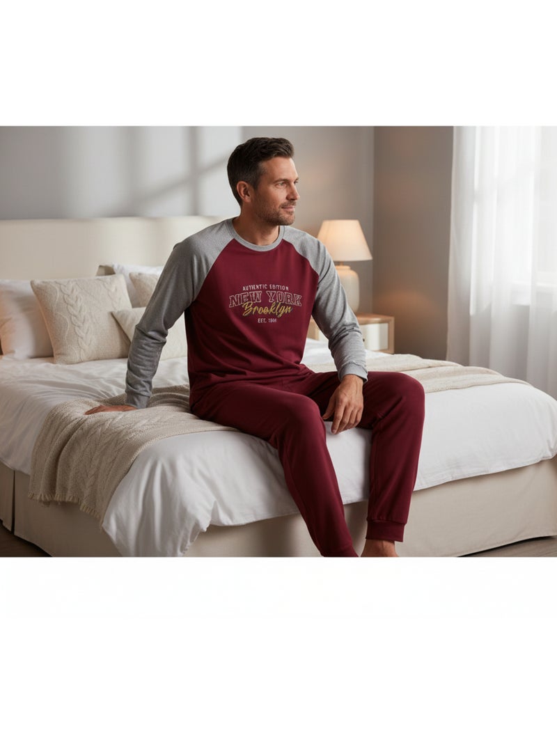 Pijama hombre forro polar raglan bordado ozabi Burdeos - Kiabi