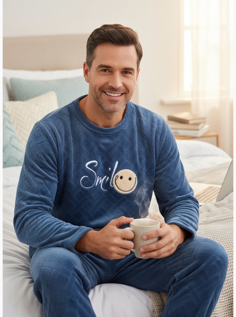 Pijama Hombre Invierno Polar Suave SMILE Azul marino - Kiabi