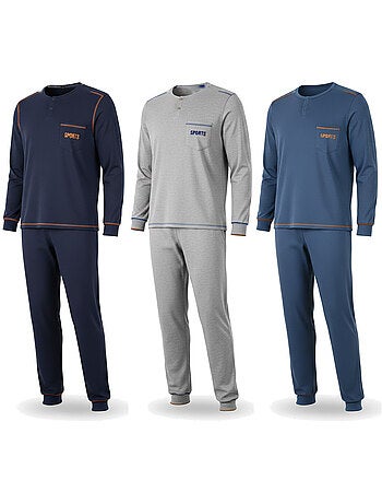 Pijama hombre largo pack de 3 ozabi, algodón forro polar, cuello abotonado
