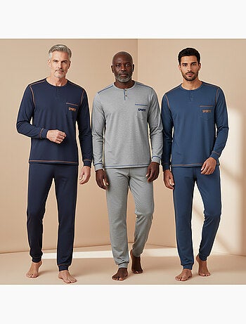 Pijama hombre largo pack de 3 ozabi, algodón forro polar, cuello abotonado
