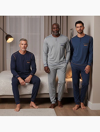 Pijama hombre largo pack de 3 ozabi, algodón forro polar, cuello abotonado