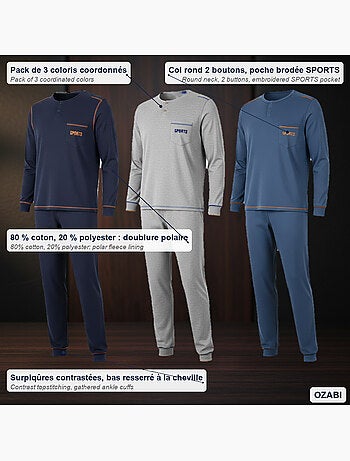 Pijama hombre largo pack de 3 ozabi, algodón forro polar, cuello abotonado