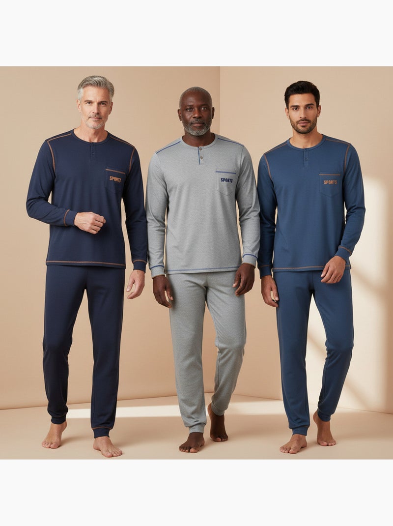 Pijama hombre largo pack de 3 ozabi, algodón forro polar, cuello abotonado Gris azul marino azul - Kiabi