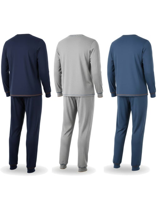Pijama hombre largo pack de 3 ozabi, algodón forro polar, cuello abotonado - Kiabi